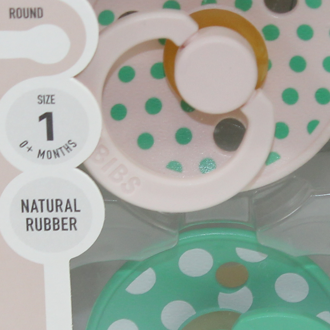 BIBS Pacifier Studio Colour 2 Pack – Polka Latex Size 1 Petal/Cactus