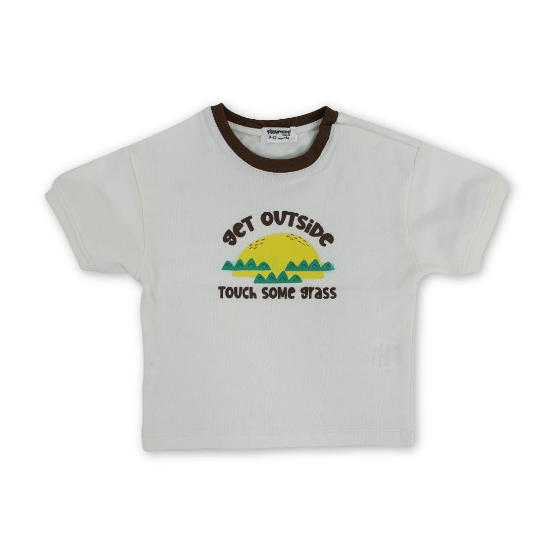 Baby Boys Cotton T-Shirt – Off-White with "Get Outside" Print - Clothing - Playmore
