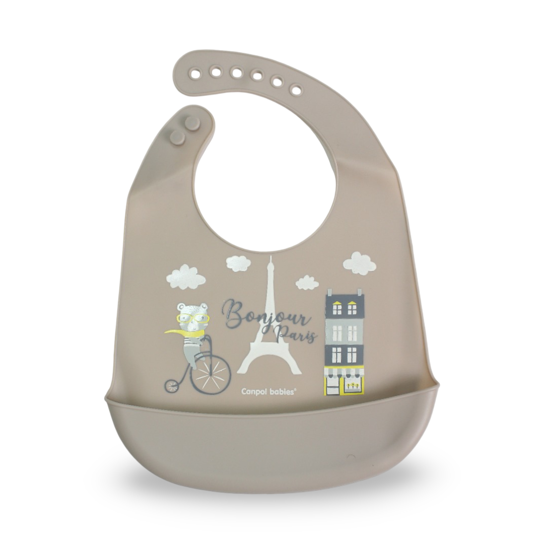 Canpol Babies Silicone Bib with Pocket Bonjour Paris – Grey