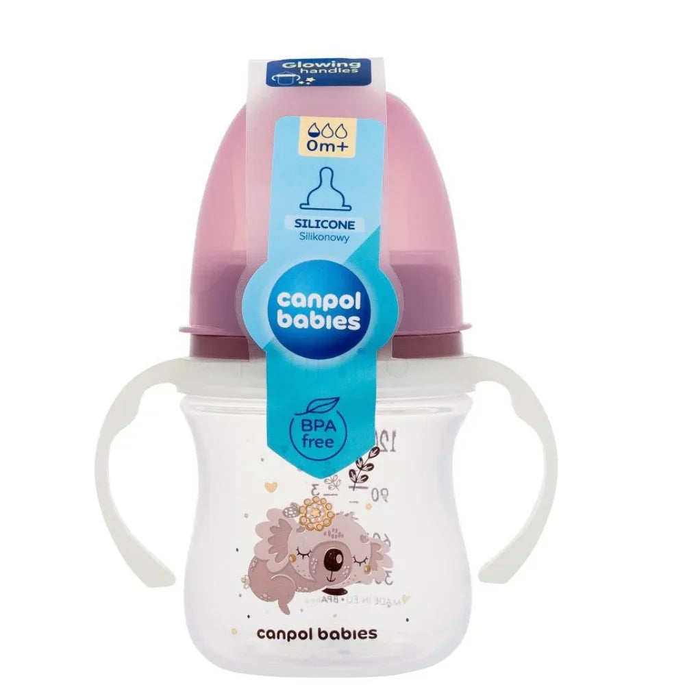 Canpol Babies Baby Bottle with Glowing Handles 0m+ 120ml – Pink - Baby Essentials