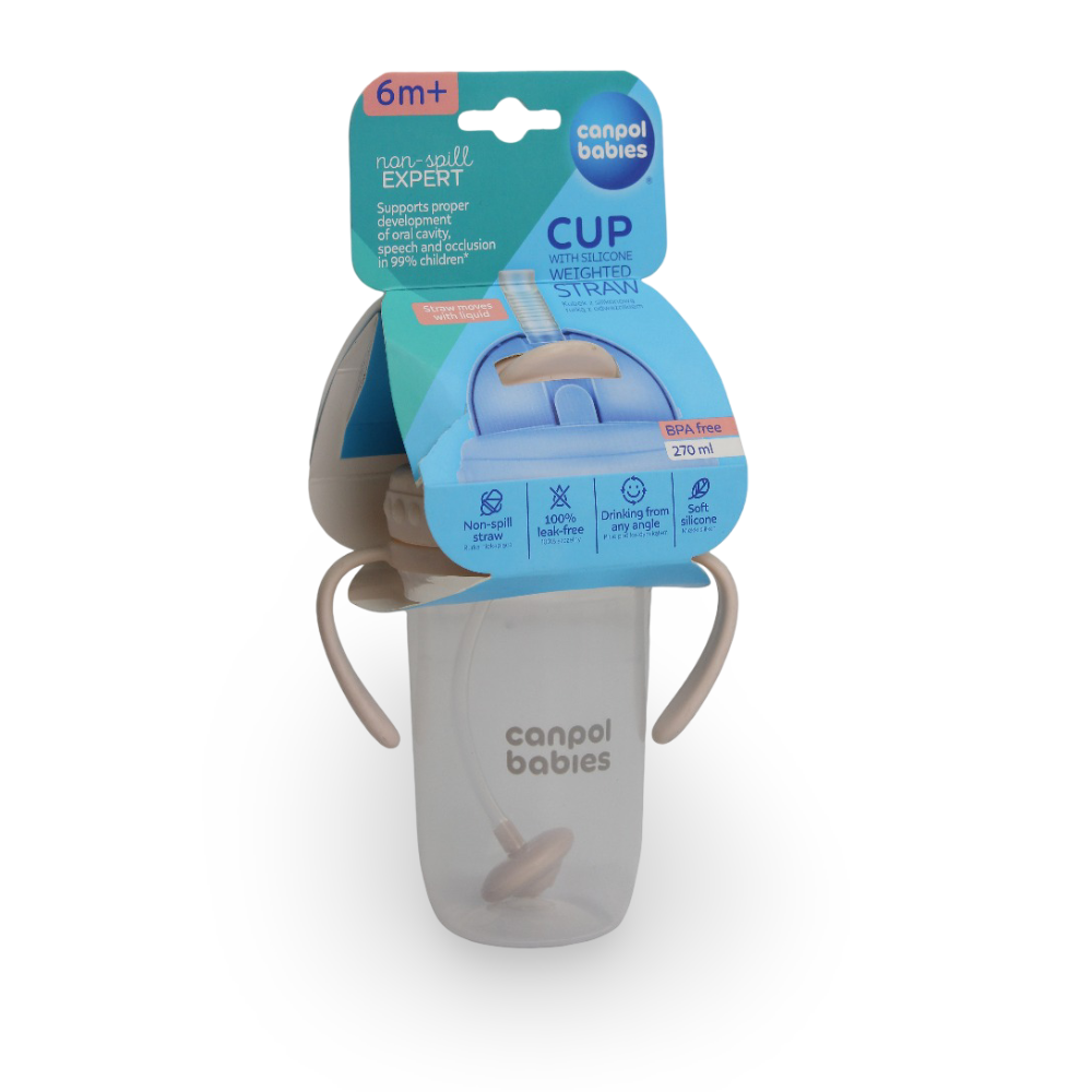Canpol Babies Cup with Silicone Weighted Straw 270 ml - Cream - Baby Essentials
