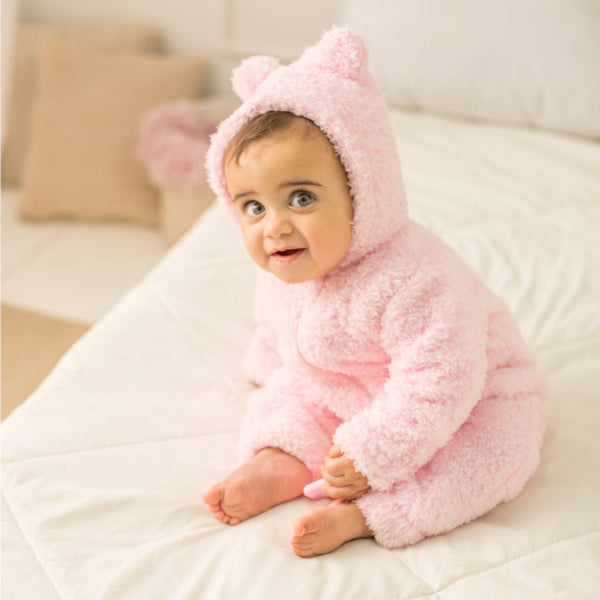 Baby Girls Fleece Hooded Footless Onesie – Pink