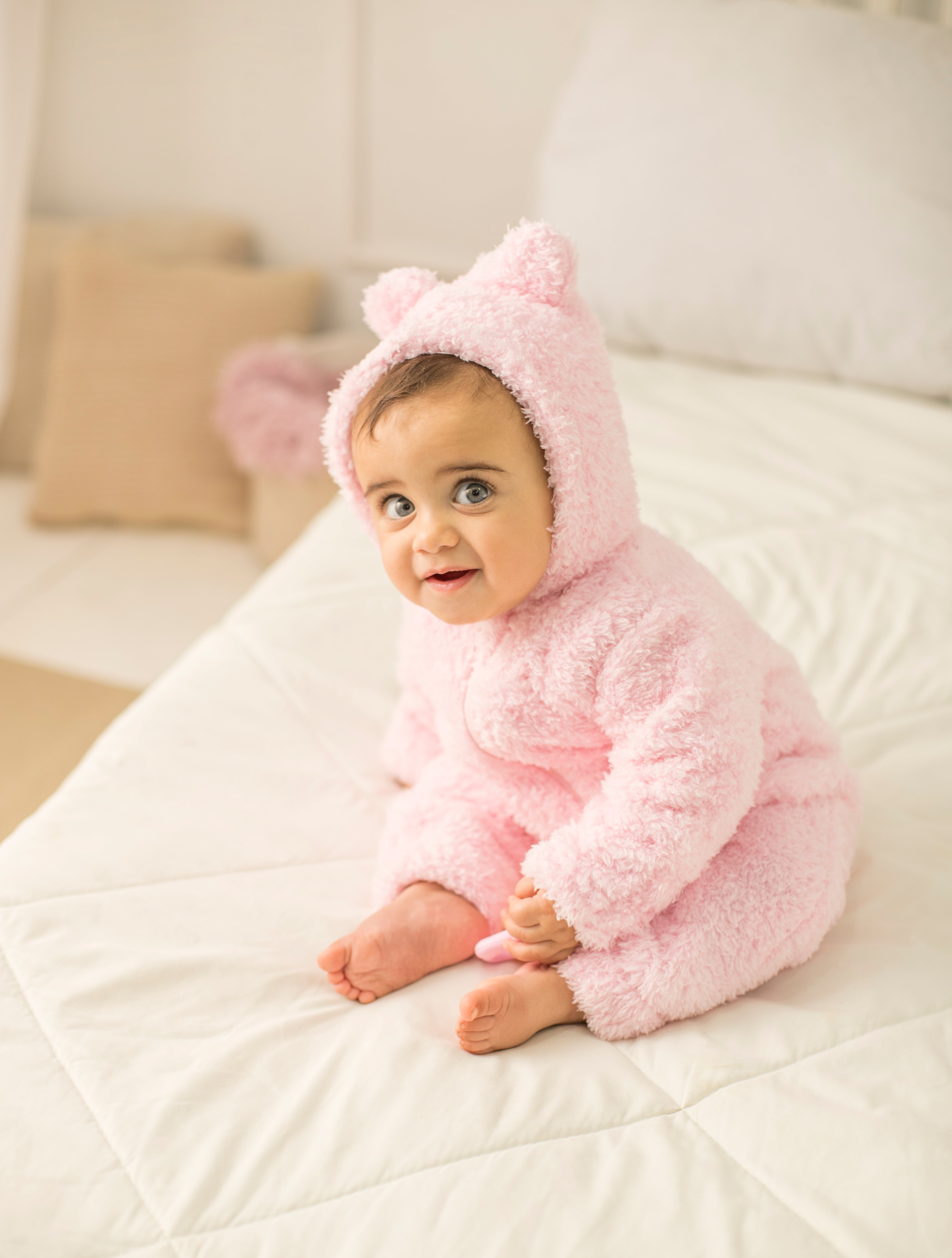 Baby Girls Fleeced Hooded Footless Onesie – Pink