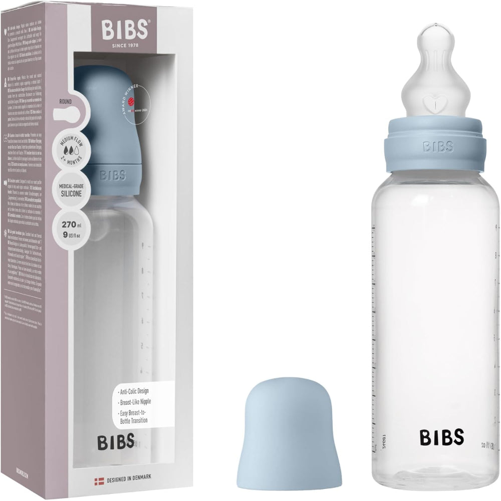 BIBS Baby Bottle Round Latex 1 Pack Medium Flow 270ml – Baby Blue