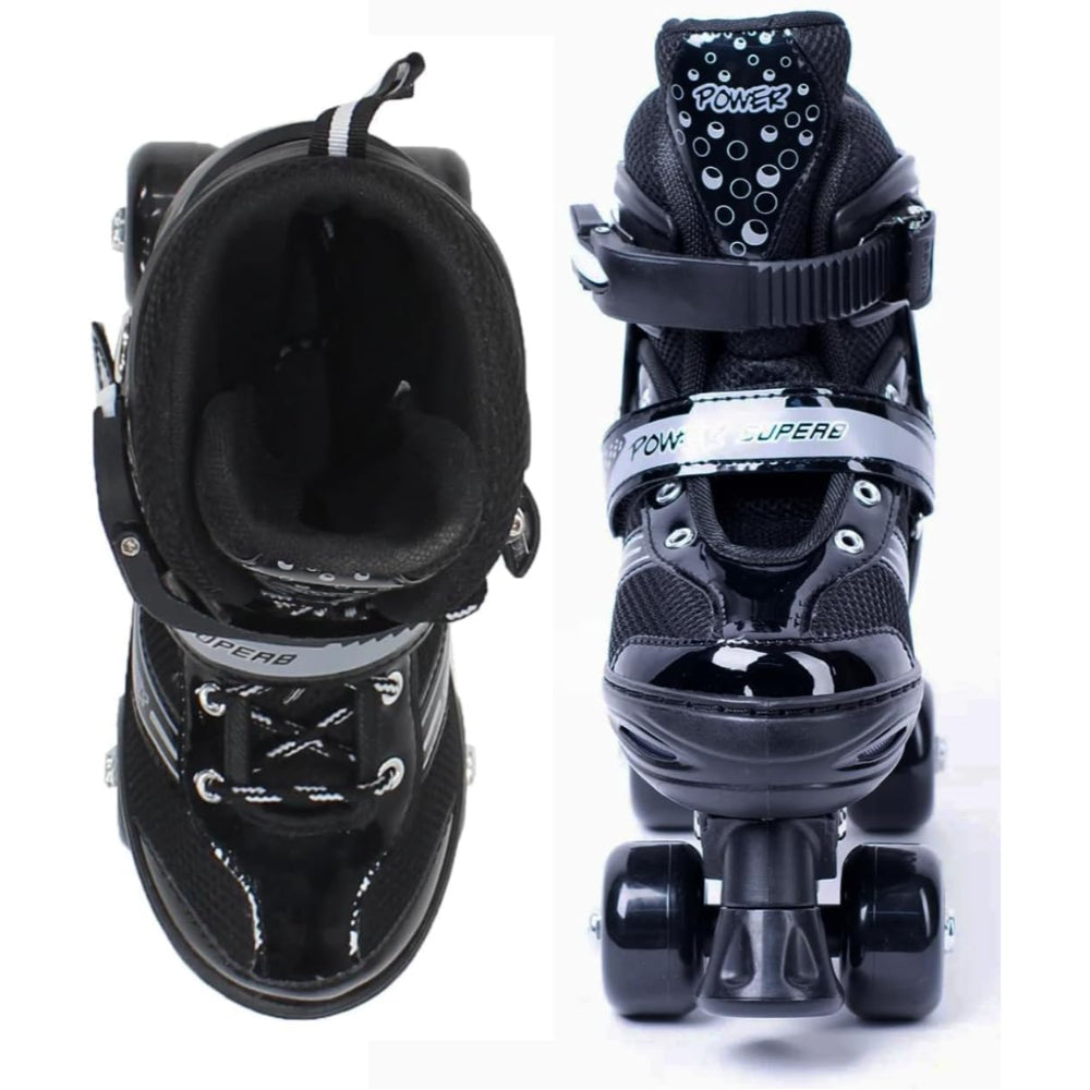 Power Superb Adjustable Roller Skate Shoes 2-Rows 4-Wheels (Small, Black)