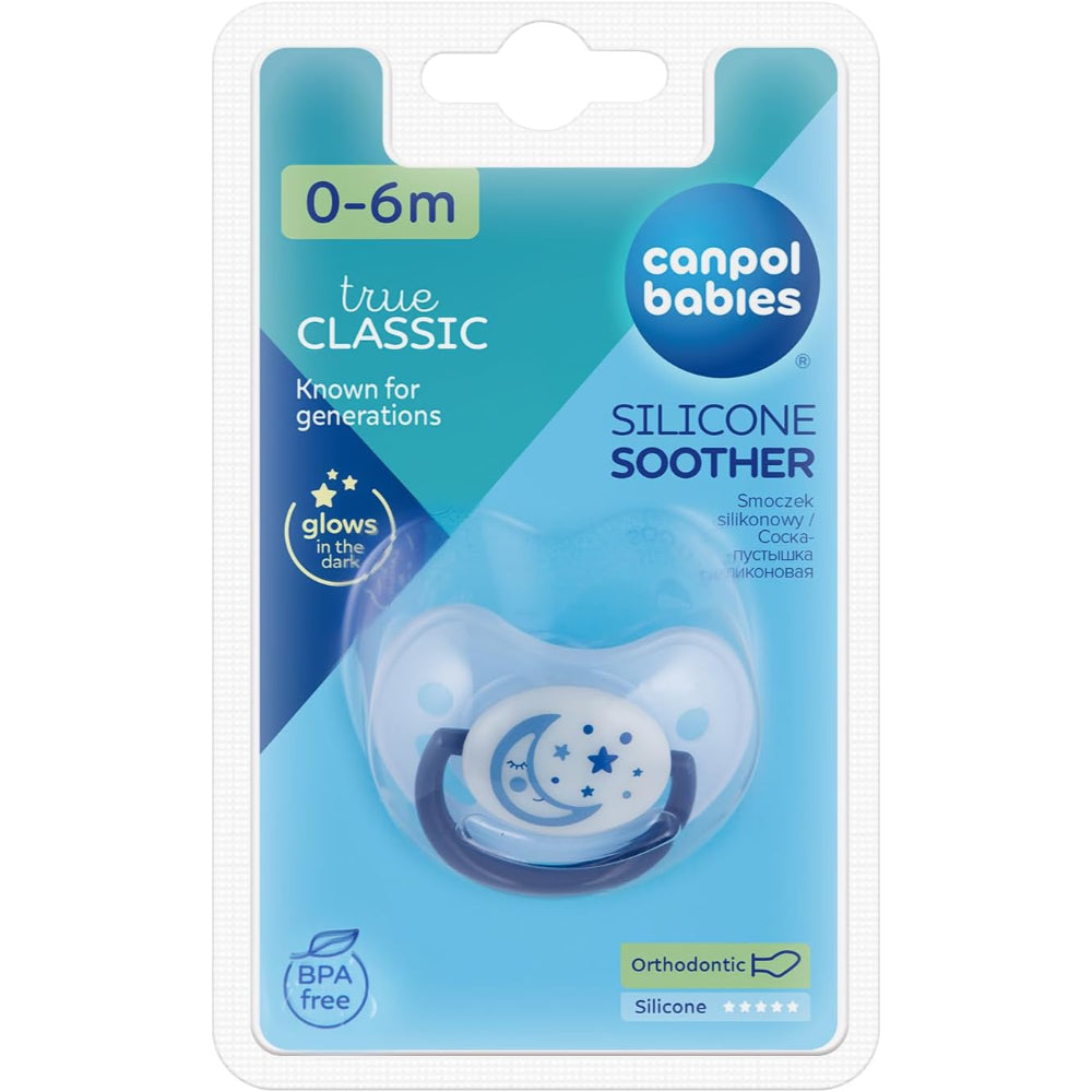 Canpol Babies Silicone Round Soother – Blue with Moon & Stars Design (0–6 Months)