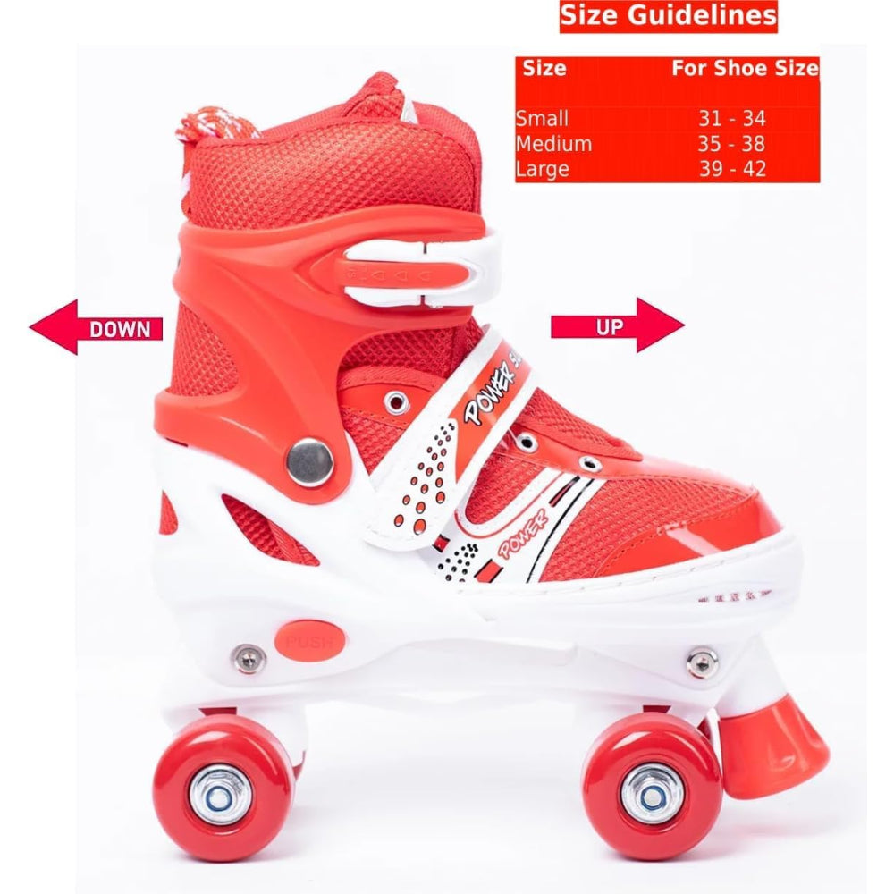Power Superb Adjustable Roller Skate Shoes 2-Rows 4-Wheels (Large, Red)