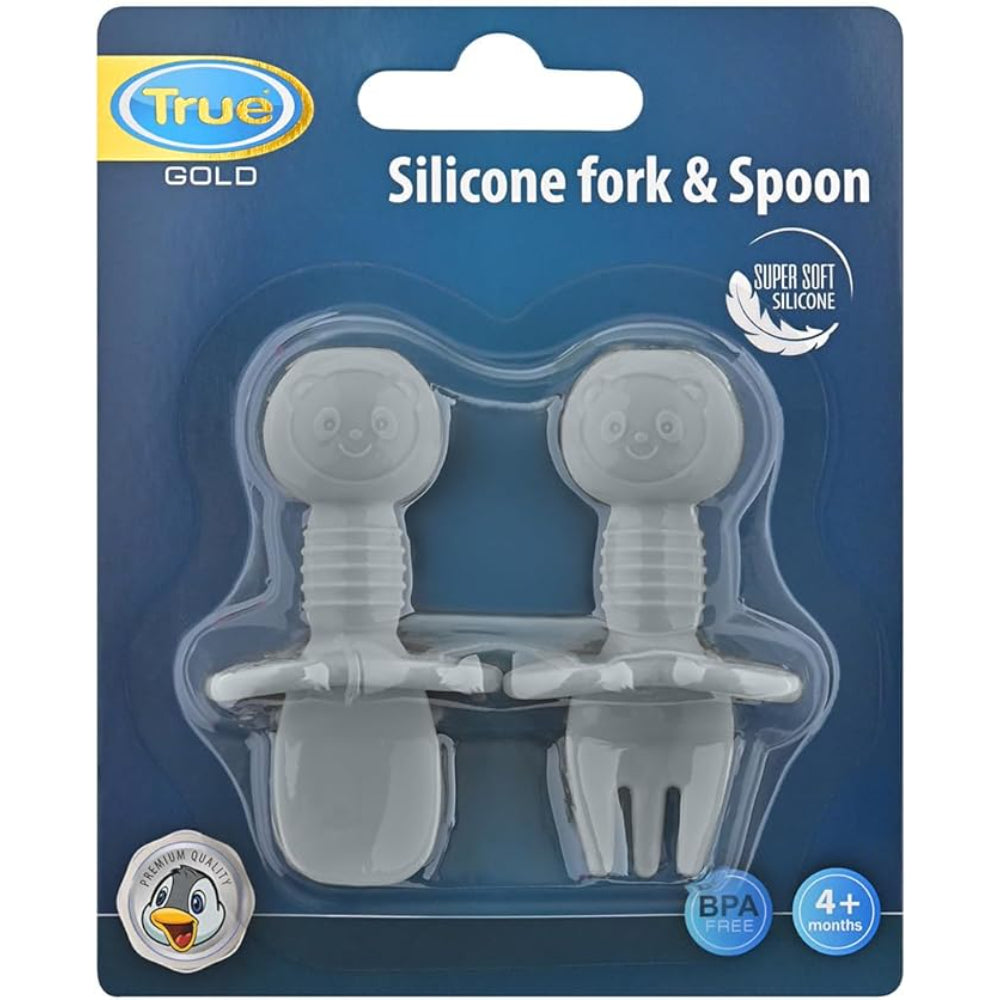True Gold Silicone (Fork & Spoon) Set +4m – Grey - Baby Essentials