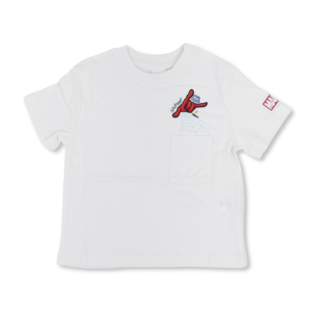 Boys Cotton Short-Sleeved T-Shirt – White with Spider-Man Pocket Print