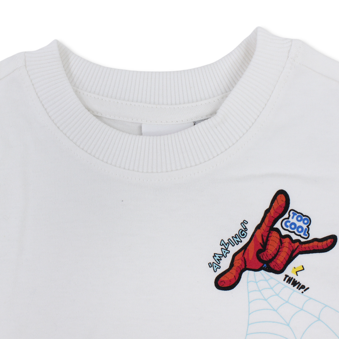 Boys Cotton Short-Sleeved T-Shirt – White with Spider-Man Pocket Print
