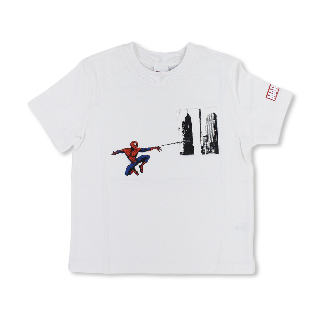 Boys Cotton Short-Sleeved T-Shirt – Bright White with Spider-Man Pocket Print
