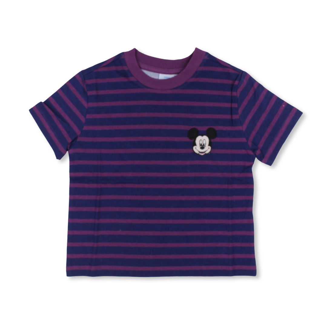 Boys Cotton Short-Sleeved T-Shirt – Striped with Mickey Mouse Patch