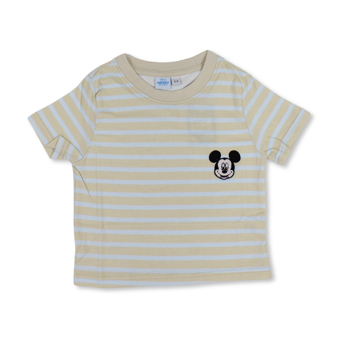 Boys Cotton Short-Sleeved T-Shirt – Striped with Mickey Mouse Patch