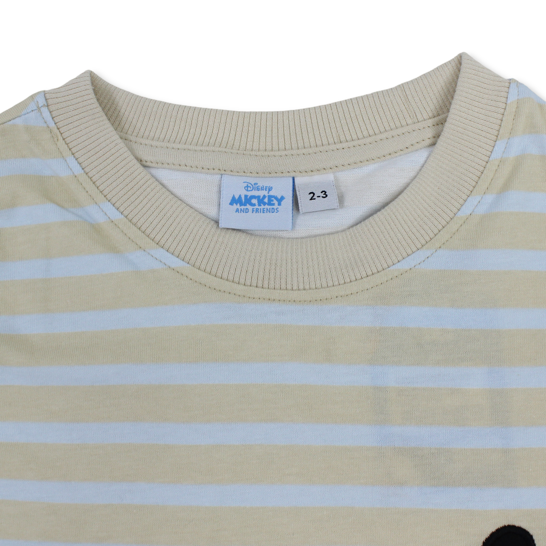 Boys Cotton Short-Sleeved T-Shirt – Striped with Mickey Mouse Patch