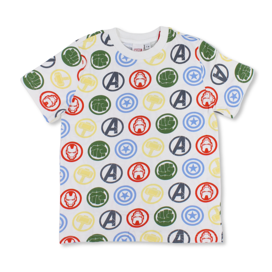Boys Cotton Short-Sleeved T-Shirt – White with Avengers All-Over Print