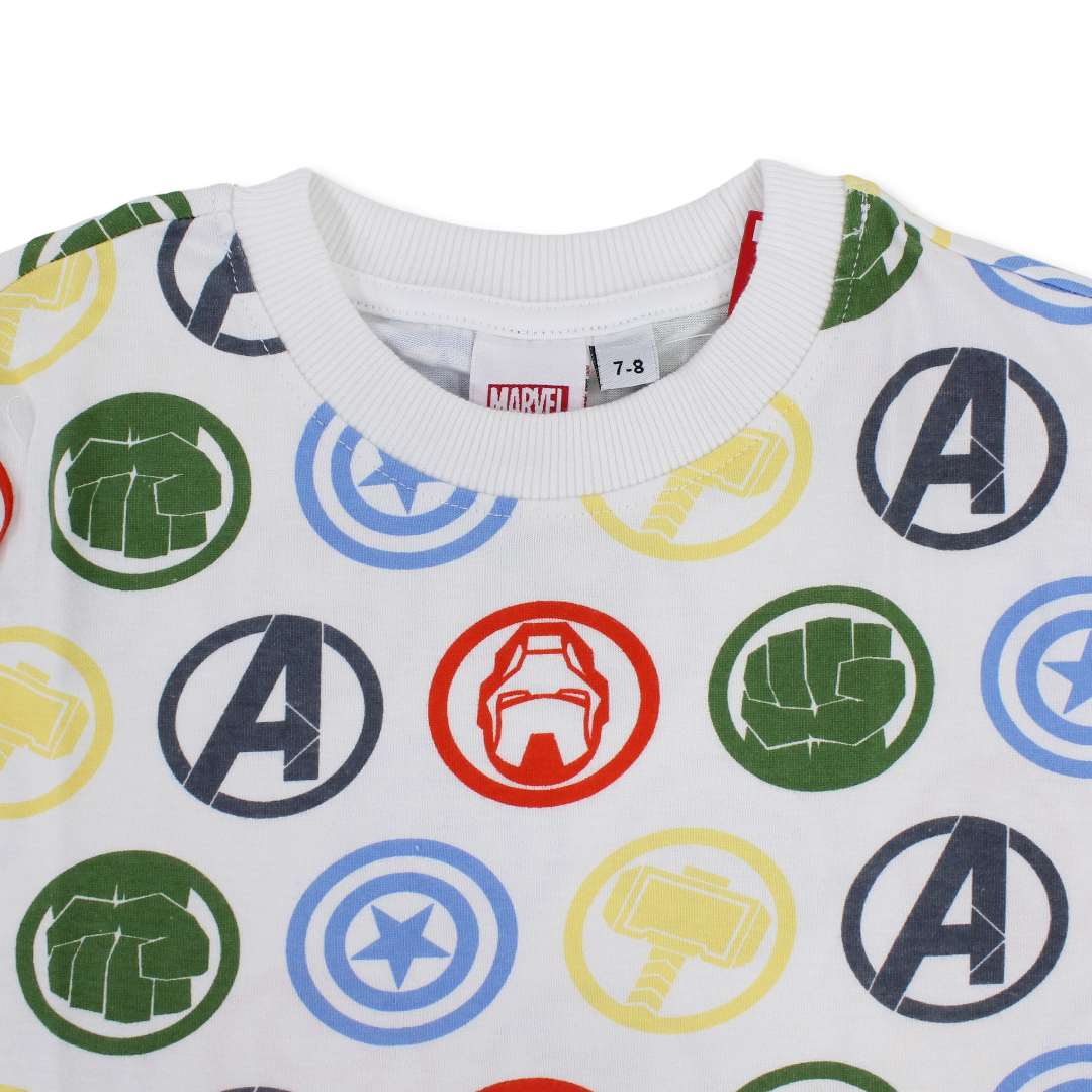 Boys Cotton Short-Sleeved T-Shirt – White with Avengers All-Over Print
