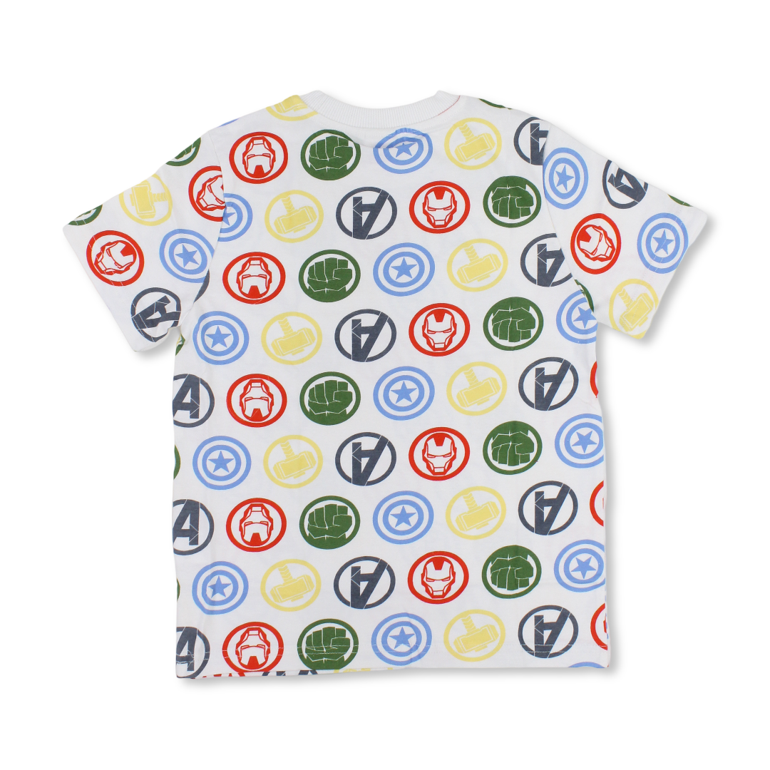 Boys Cotton Short-Sleeved T-Shirt – White with Avengers All-Over Print