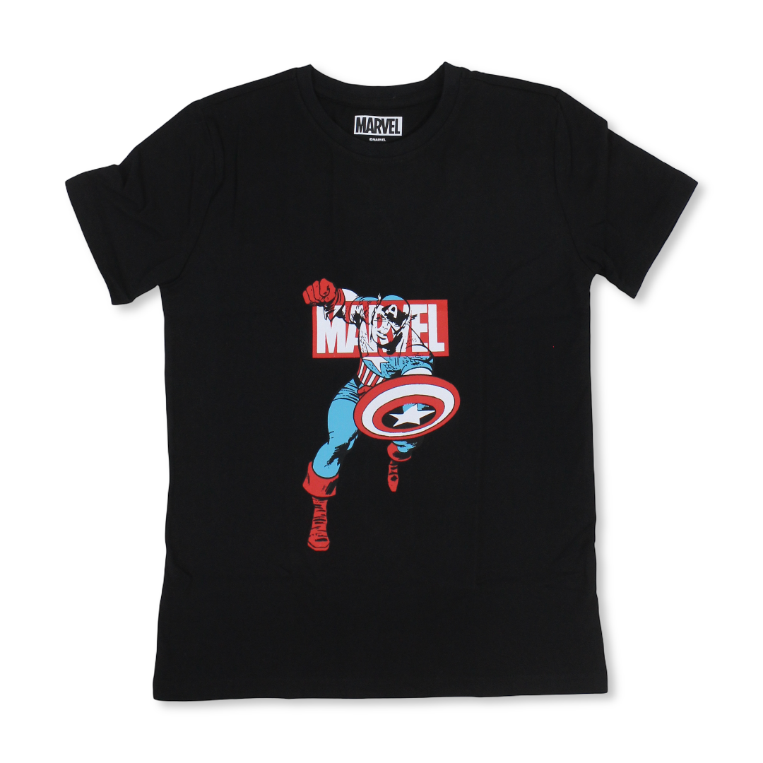 Boys Cotton Short-Sleeved T-Shirt – Black with Captain America Print