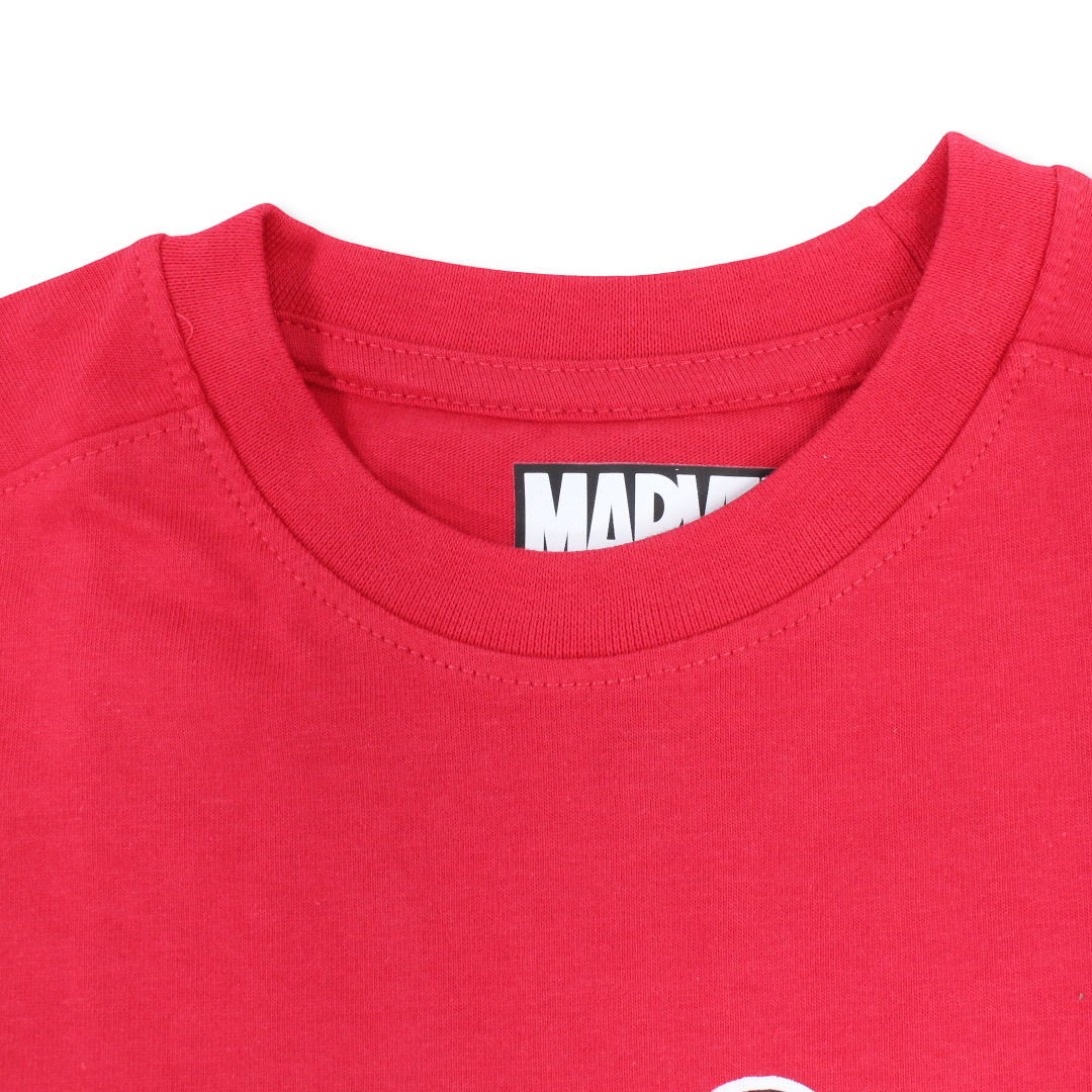Boys Cotton Short-Sleeved T-Shirt – Chinese Red with Marvel Heroes Print