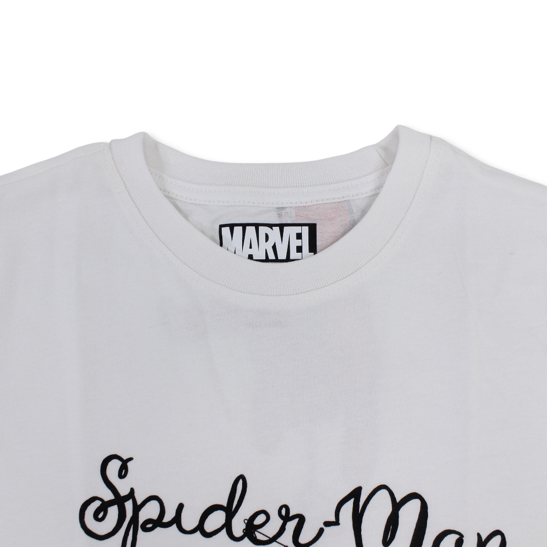 Boys Cotton Short-Sleeved T-Shirt – White with Spider-Man Script Print