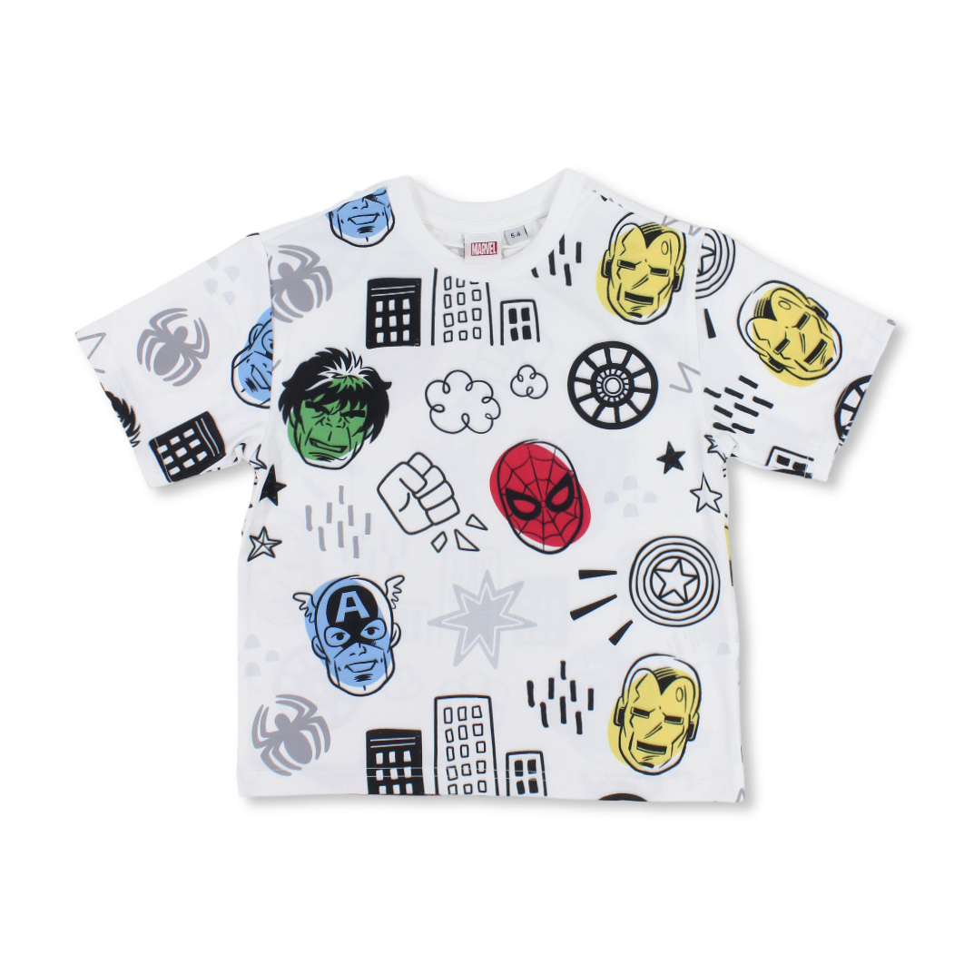 Boys Polyester Short-Sleeved T-Shirt – White with Marvel All-Over Print