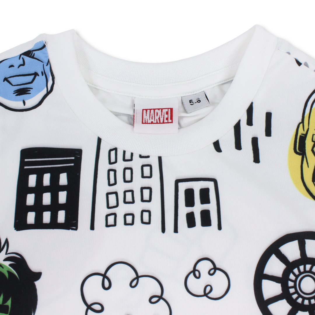Boys Polyester Short-Sleeved T-Shirt – White with Marvel All-Over Print
