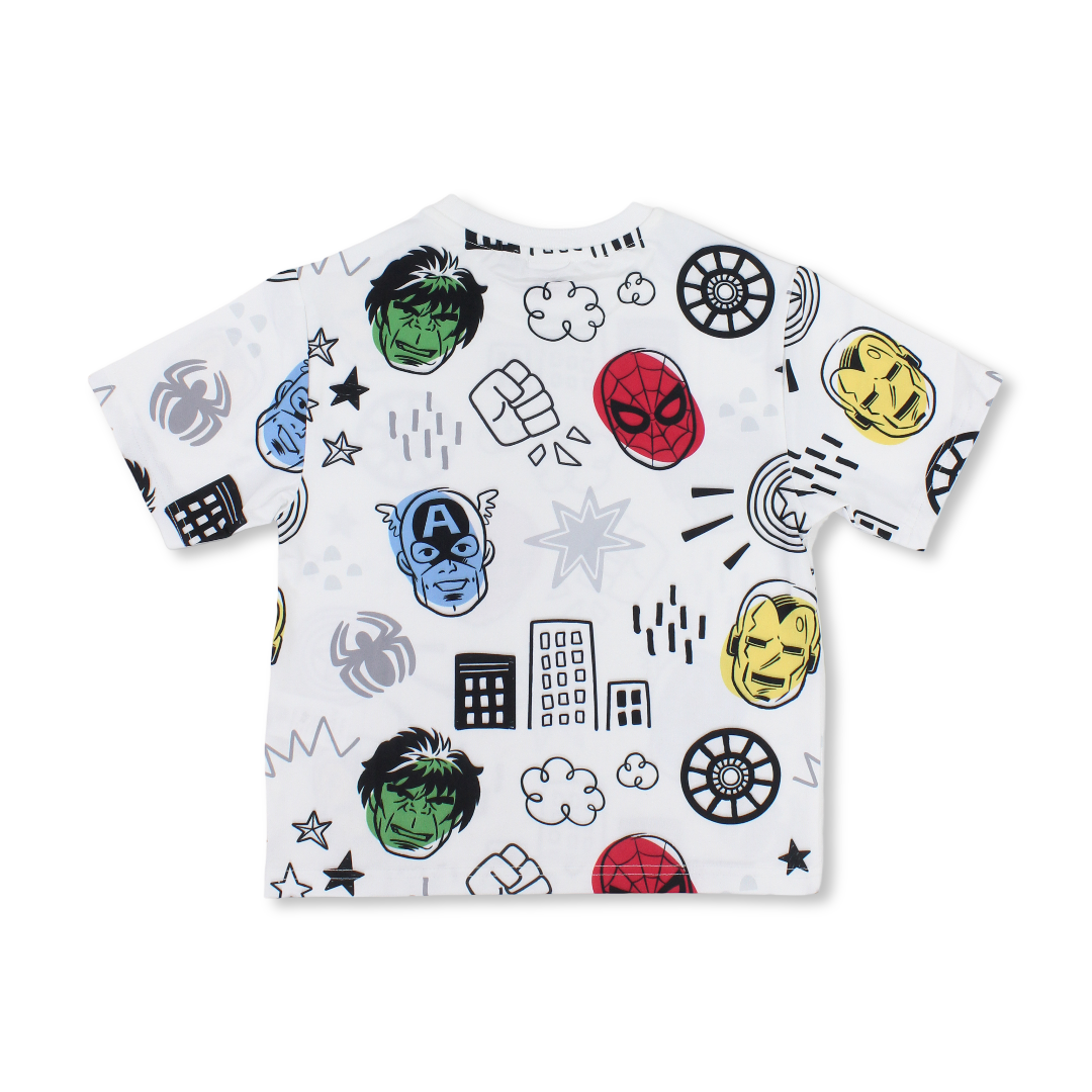 Boys Polyester Short-Sleeved T-Shirt – White with Marvel All-Over Print