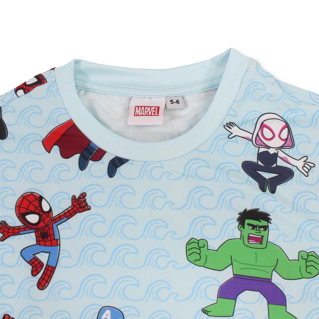 Boys Polyester Short-Sleeved T-Shirt – Aqua with Marvel All-Over Print