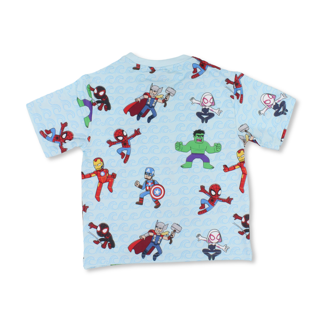 Boys Polyester Short-Sleeved T-Shirt – Aqua with Marvel All-Over Print