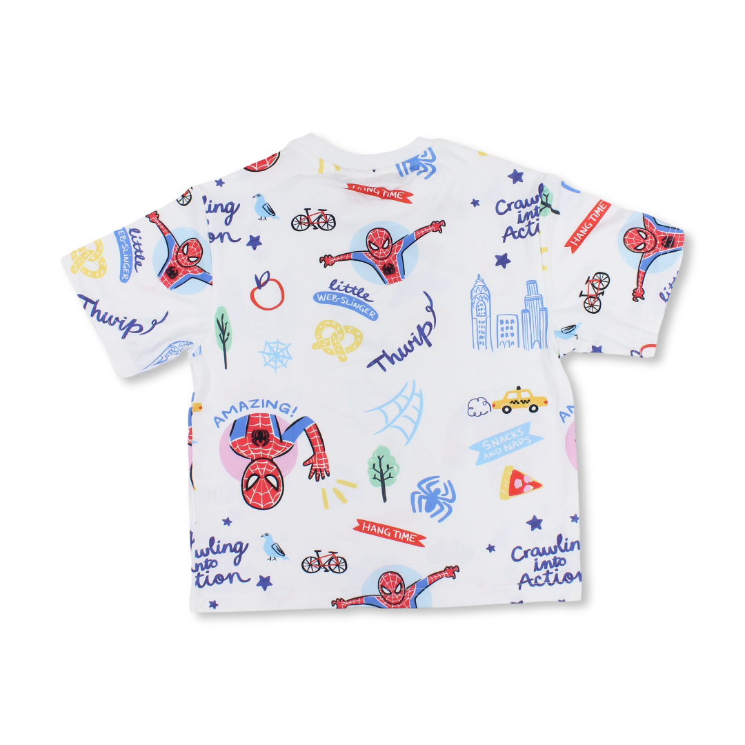 Boys Polyester Short-Sleeved T-Shirt – White with Spider-Man All-Over Print