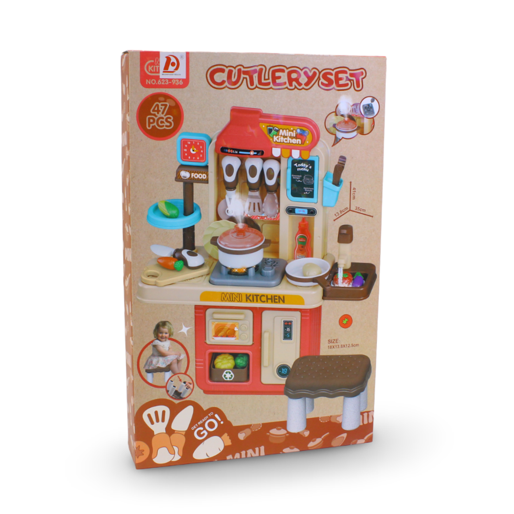 Children's Mini Kitchen and Cutlery Role-Playset (Light & Sound) – 47 Pcs