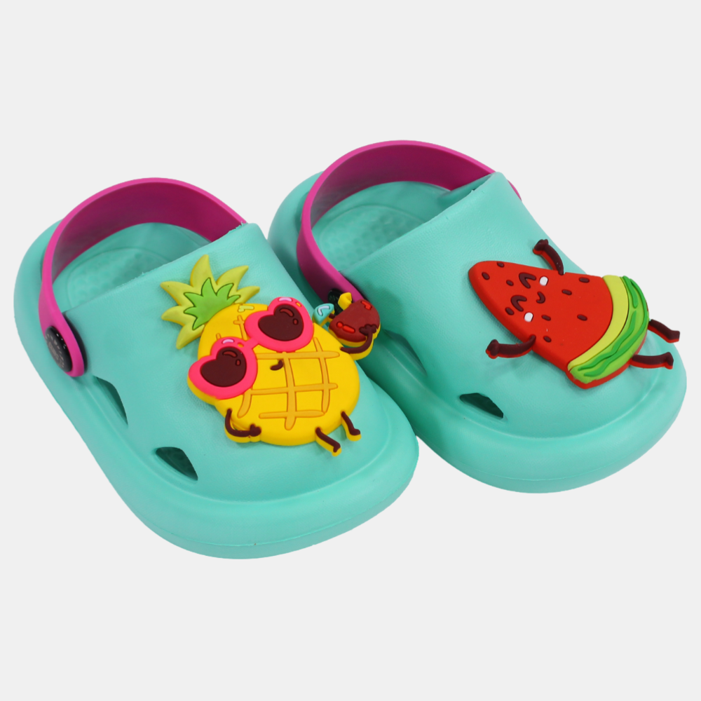 Girls Rubber Clogs – Aqua with Fruit Design