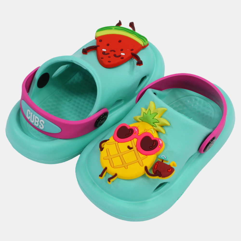 Girls Rubber Clogs – Aqua with Fruit Design