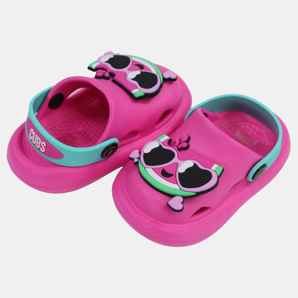 Girls Rubber Clogs – Pink with Smiling Watermelon Design