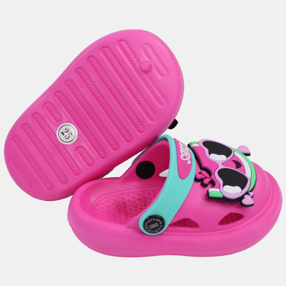 Girls Rubber Clogs – Pink with Smiling Watermelon Design