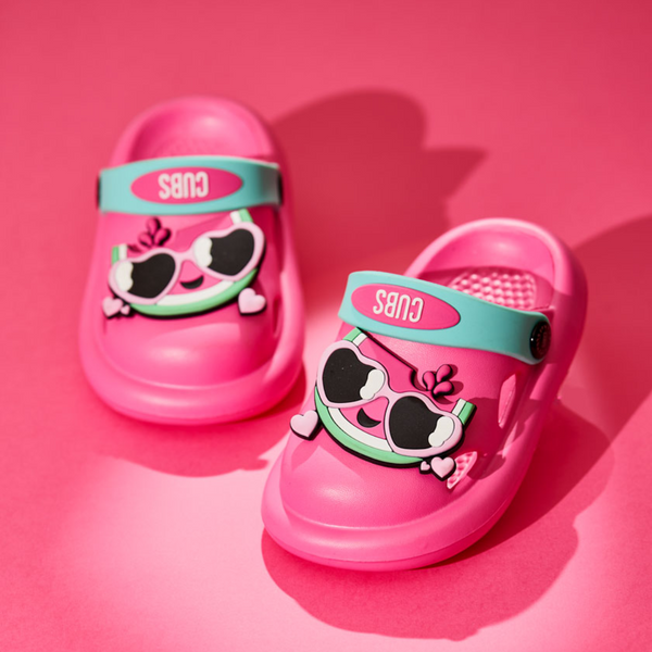 Girls Rubber Clogs – Pink with Smiling Watermelon Design