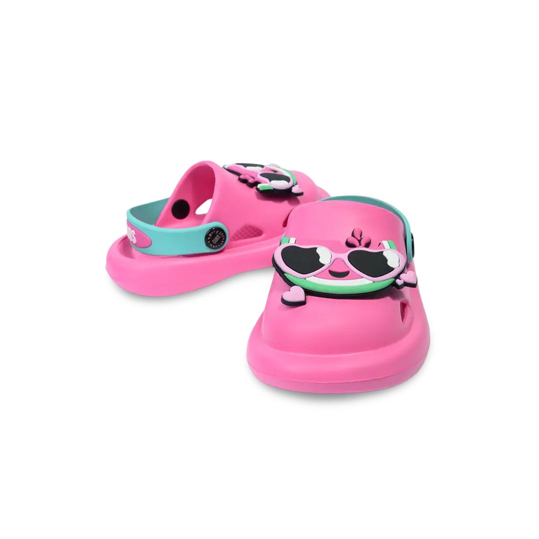 Girls Rubber Clogs – Pink with Smiling Watermelon Design