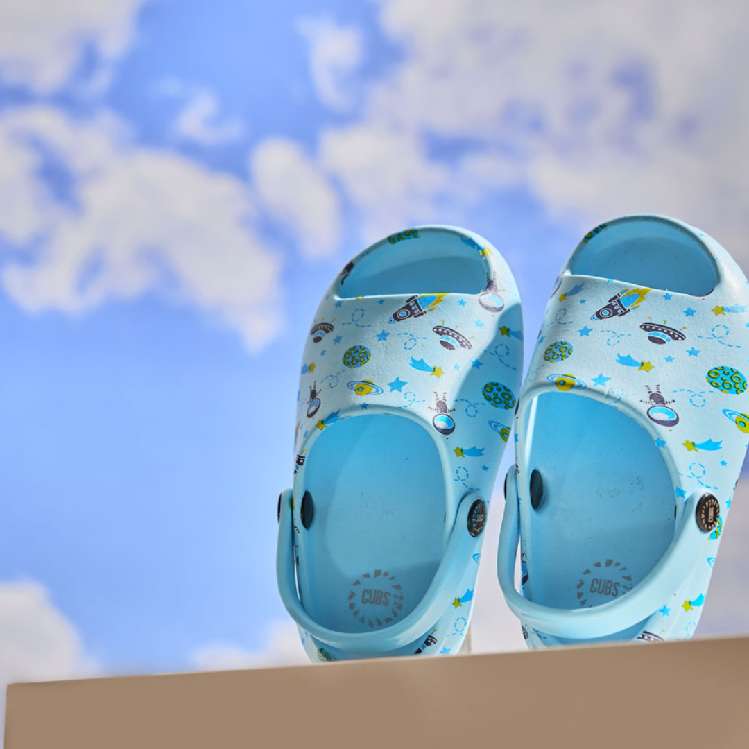 Boys Rubber Sandals – Baby Blue with Outer Space Print