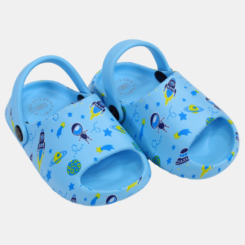 Boys Rubber Sandals – Baby Blue with Outer Space Print