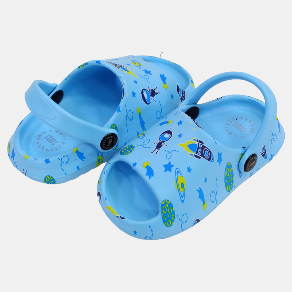 Boys Rubber Sandals – Baby Blue with Outer Space Print