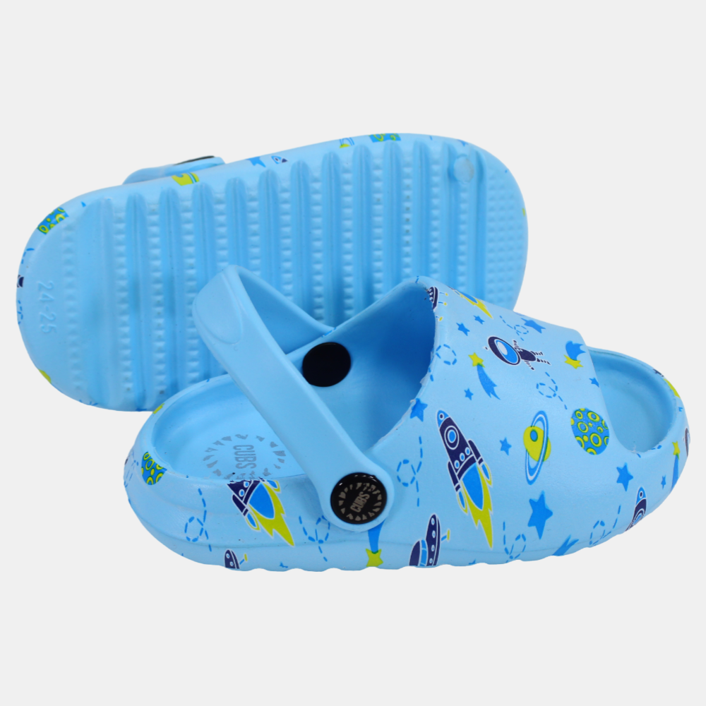 Boys Rubber Sandals – Baby Blue with Outer Space Print