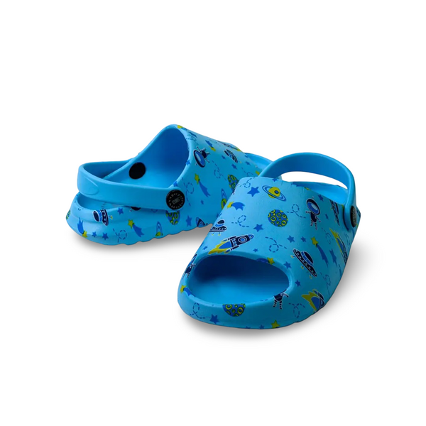 Boys Rubber Sandals – Baby Blue with Outer Space Print