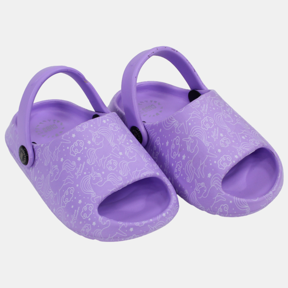 Girls Rubber Sandals – Purple with Unicorn Doodles