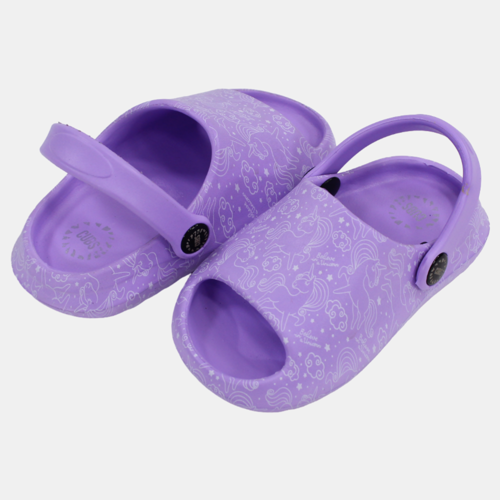 Girls Rubber Sandals – Purple with Unicorn Doodles