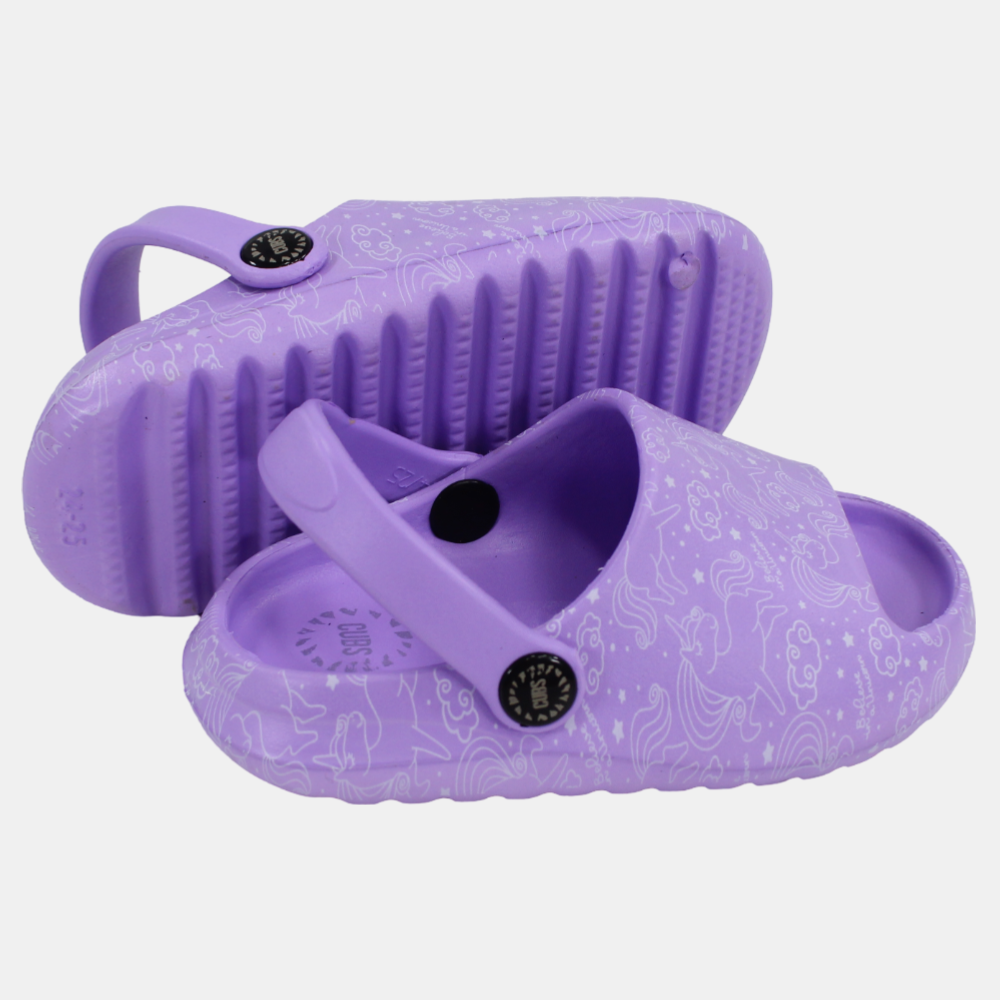 Girls Rubber Sandals – Purple with Unicorn Doodles