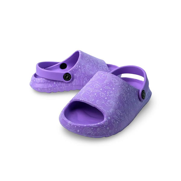 Girls Rubber Sandals – Purple with Unicorn Doodles