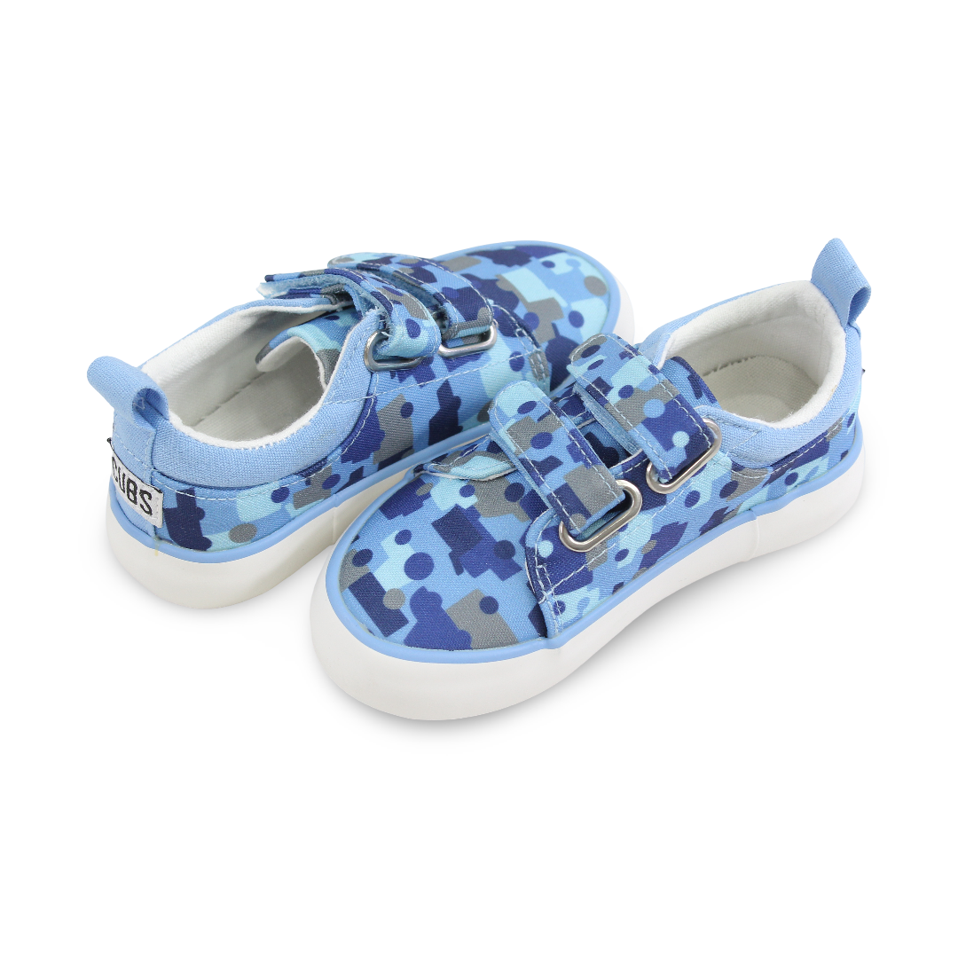 Boys Canvas Sneakers – Blue Cars Camouflage Double Strap Sneaker