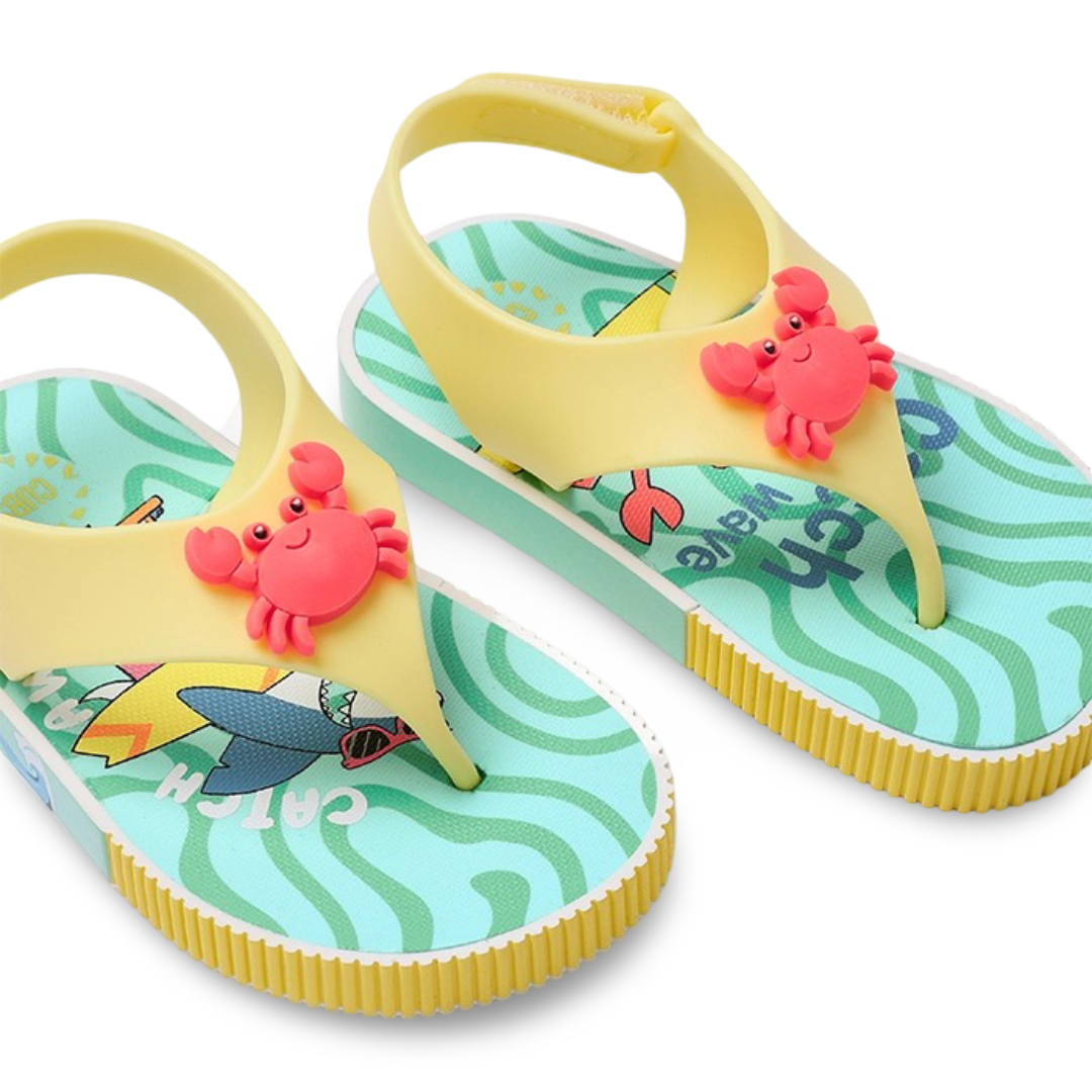Unisex Baby Rubber Sandal – Yellow Sharks & Crabs Flip-Flop Design