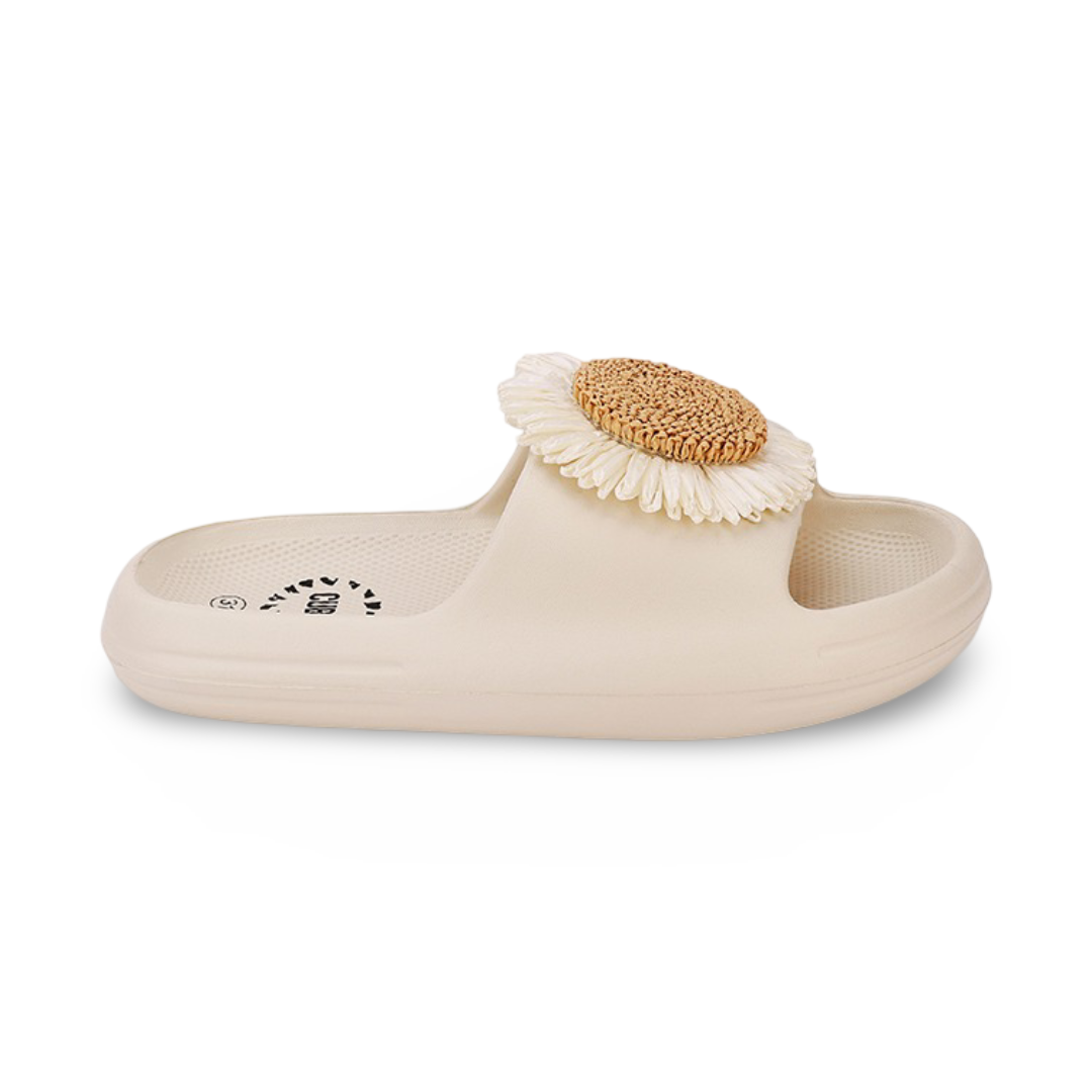 Girls Rubber Slippers – Beige with Sunflower Design