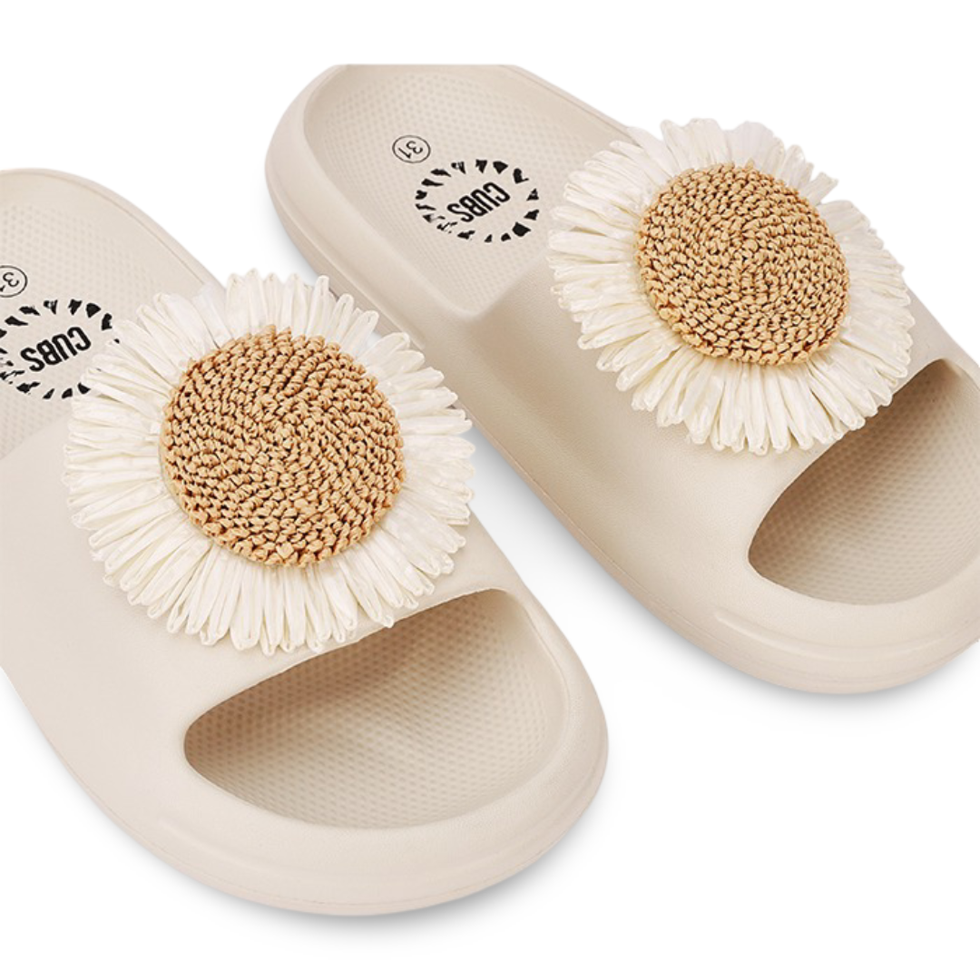 Girls Rubber Slippers – Beige with Sunflower Design